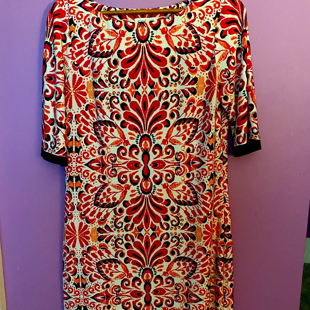 Eliza J easy care comfortable dress. Size 10. Pink, orange and navy pattern.
